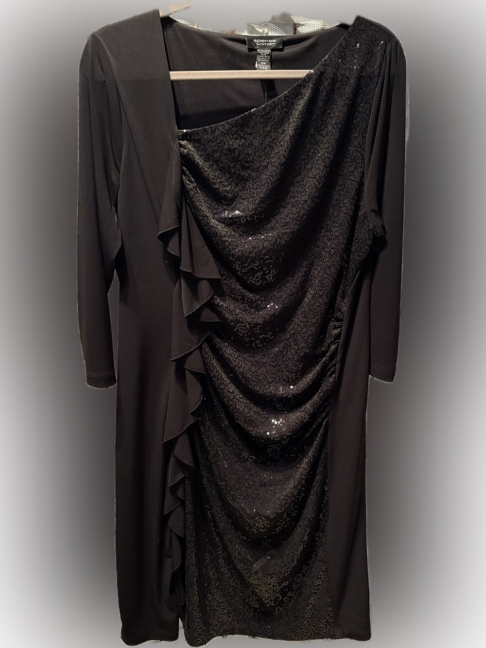 Elegant Black Sequin Long Sleeve Dress, 16W, knee length.